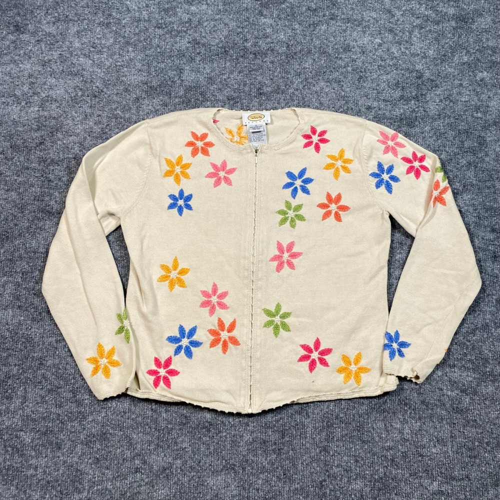 Talbots Petites Cream Floral Embroidered‎ Zip Up Cotton Cardigan Sweater Small S